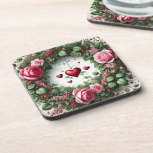 Dessous-de-verre Couronne de ficelle florale rose avec coeurs rouge