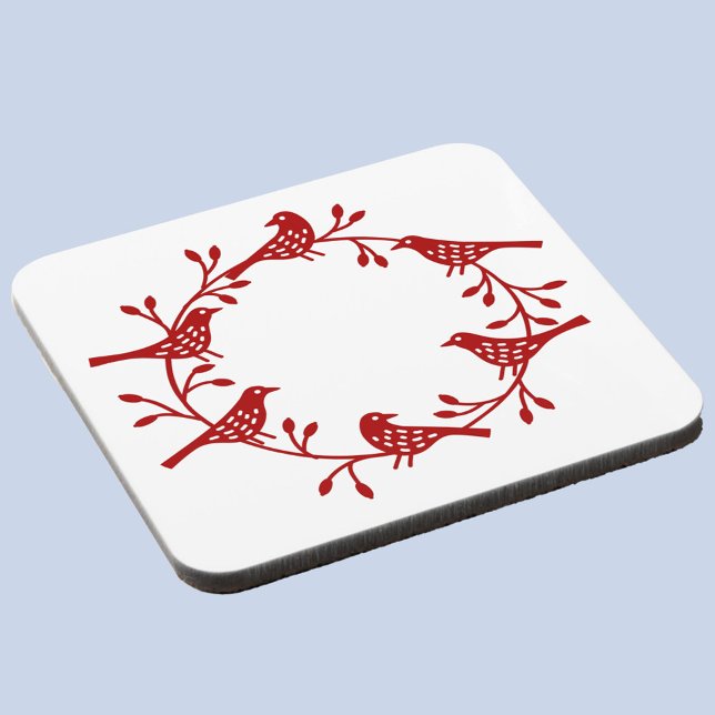 Dessous-de-verre Couronne d'oiseaux Scandi moderne (Red and white Scandinavian bird wreath festive coaster)