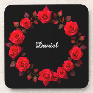 Dessous-de-verre Couronne florale de rose rouge sur fond noir