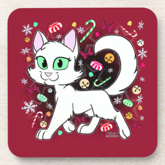 Dessous-de-verre Coussin Rond Chat de Noël (Rouge)