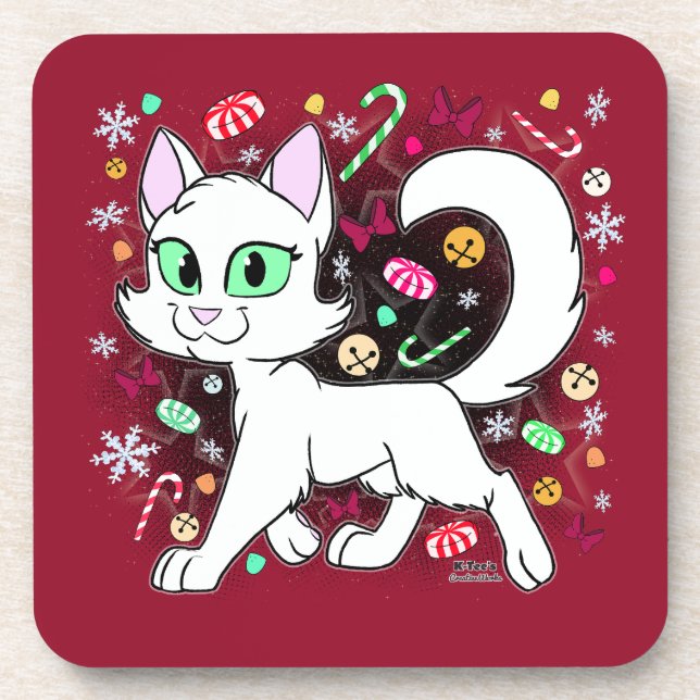 Dessous-de-verre Coussin Rond Chat de Noël (Rouge) (Devant)