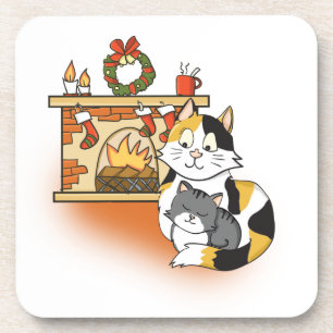 Dessous-de-verre Cozy Christmas Fireplace Mom Cat with Kitten