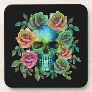 DESSOUS-DE-VERRE CRÂNE VERT DE LA MORT AVEC FLEURS