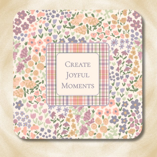 Dessous-de-verre Create Joyful Moments Floral Plaid Coaster Set (Create Joyful Moments Coaster – Personalized Inspirational Quote – Custom Floral Plaid Drinkware)