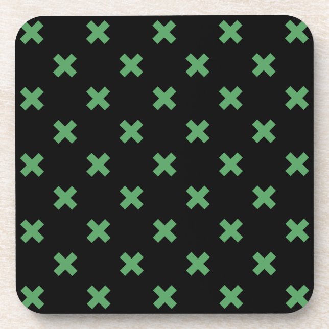 Dessous-de-verre Croix verte coutures sur noir (Devant)