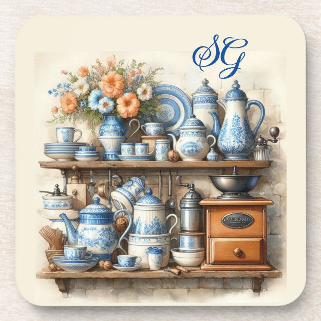 Dessous-de-verre Cuisine bleu Vintage Monogramme (Devant)