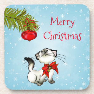 Dessous-de-verre Curieux Kitty de Noël Avec Un Bow Rouge