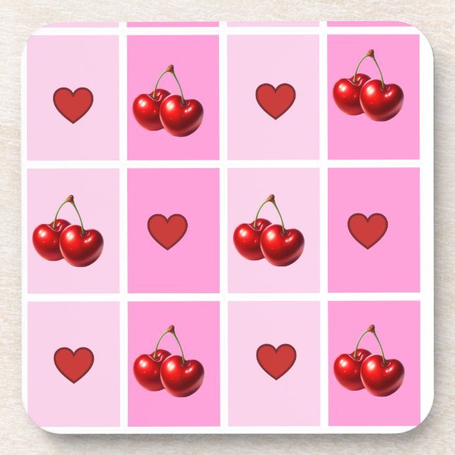 Dessous-de-verre Custom Cherry Heart Checkerboard Pattern (Devant)