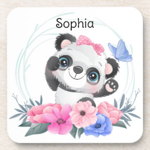Dessous-de-verre Cute Baby Panda Flower Wreath Nom personnalisé