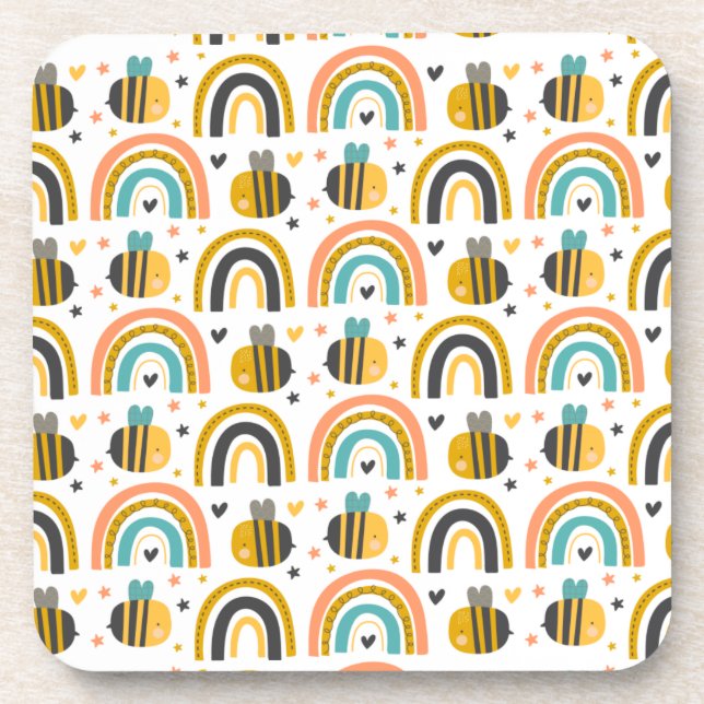 Dessous-de-verre Cute Bumble Bee et Rainbows Motif (Devant)