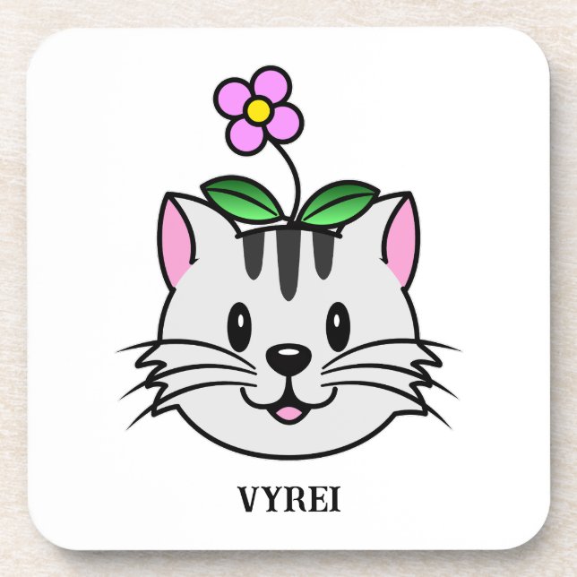 Dessous-de-verre Cute chat caricature avec une fleur sur la tête (Devant)