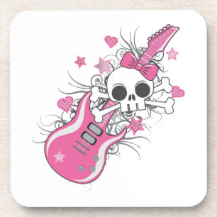 Dessous-de-verre Cute crâne avec guitare rose