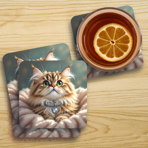 Dessous-de-verre Cute Grey Fluffy Tabby Chat avec collier diamant