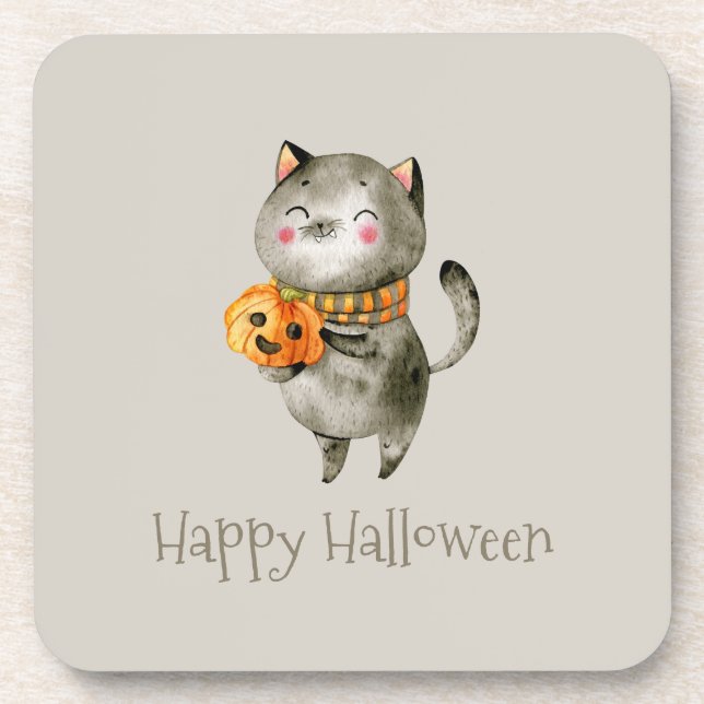 Dessous-de-verre Cute Halloween Chat avec Citrouille | Dessous-de-v (Devant)