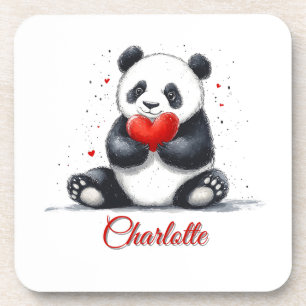 Dessous-de-verre Cute Panda Holding Heart avec nom personnalisable