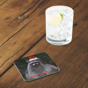 Dessous-de-verre Cute Raccoon portant le chapeau rouge Santa