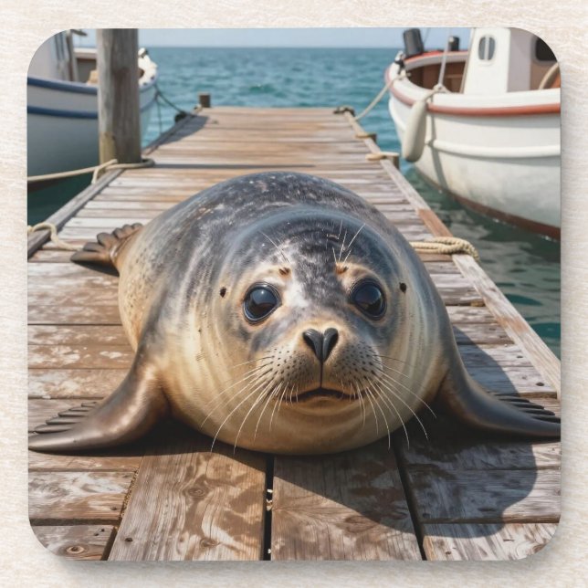 Dessous-de-verre Cute Seal Laying on Boat Dock Ocean Pier (Devant)