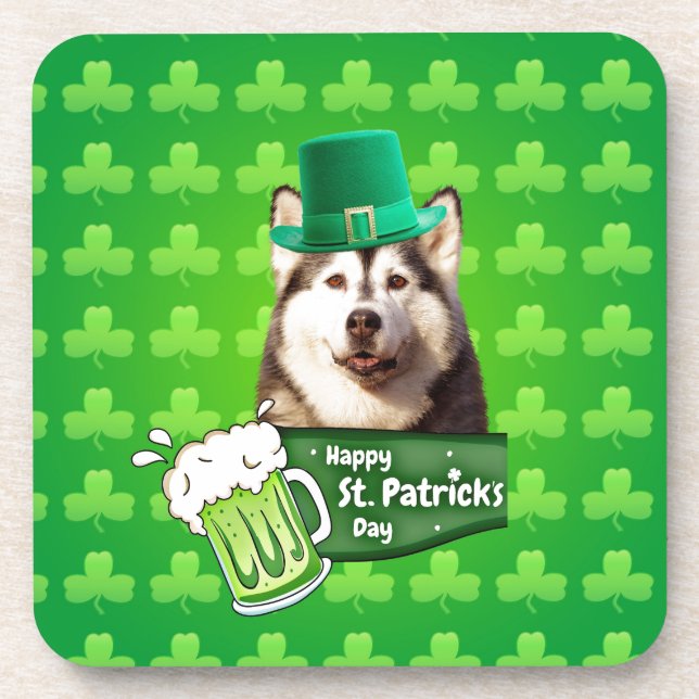 Dessous-de-verre Cute Siberian Husky Chien Casquette St. Patrick's  (Devant)