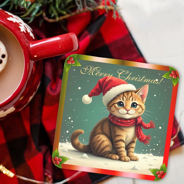 Dessous-de-verre Cute Vintage Tabby Cat Christmas (Cute Vintage Tabby Cat Christmas Beverage Coaster by the Olde Christmas Shoppe)