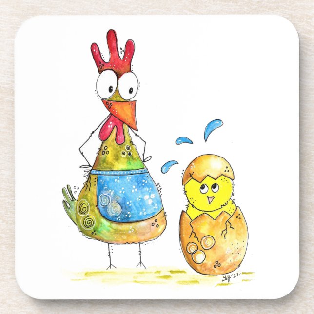 Dessous-de-verre Cute Whimsical Mama poulet avec bébé (Devant)