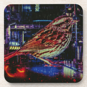 Dessous-de-verre Cyberpunk Sparrow dans Neon Cityscape