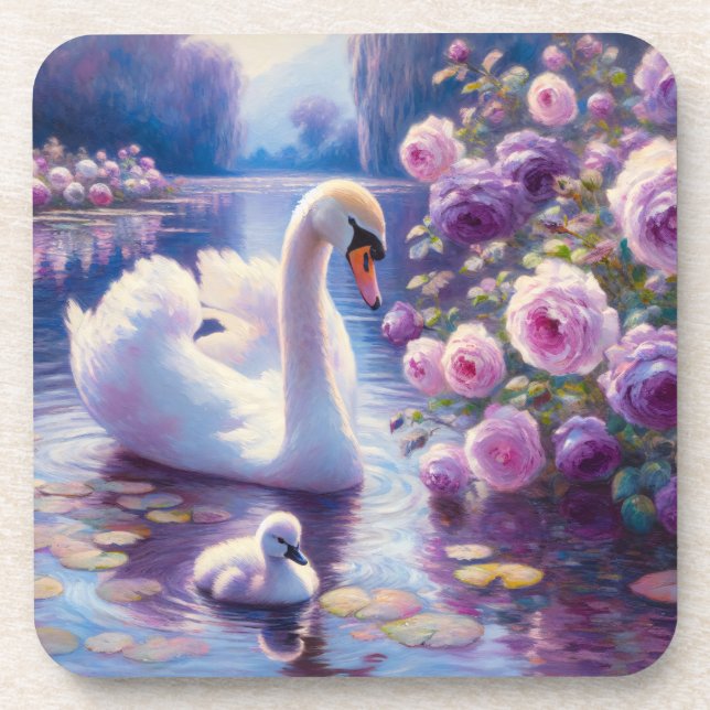 Dessous-de-verre Cygnet blanc avec Roses violets (Devant)