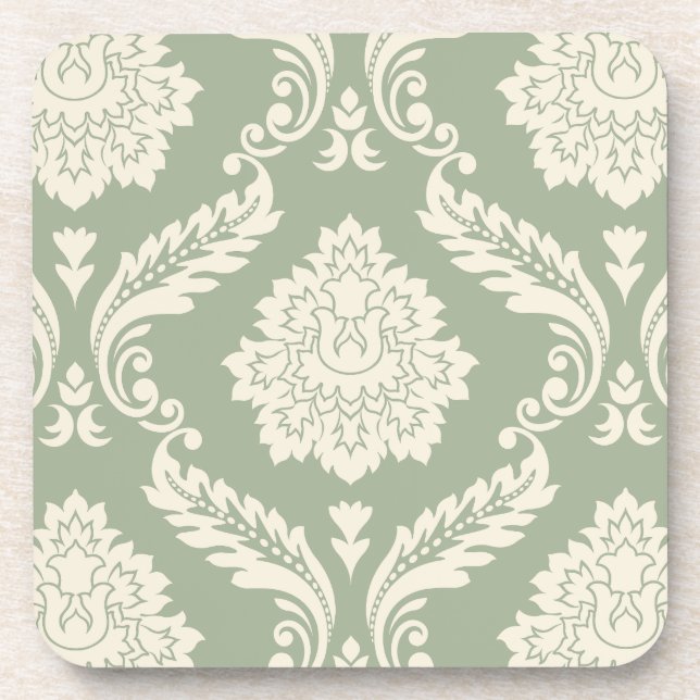 Dessous-de-verre Damas Rococo Lg Motif Crème sur Vert (Devant)
