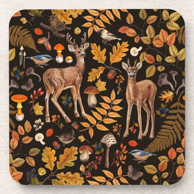 Dessous-de-verre Dans les bois / Cerf d'automne sur noir (Devant)