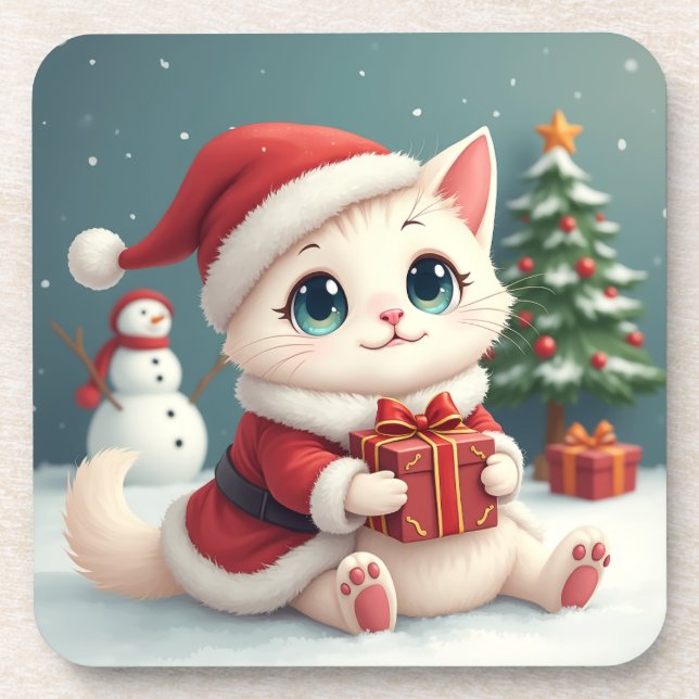 Dessous de verre de chat de Noël blanc (Devant)