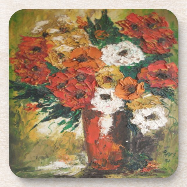 Dessous de verre De Cork Set Ann Hayes Fleurs Roug (Devant)