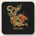 Dessous de verre de dragon chinois Imaginaire noir<br><div class="desc">Un dragon chinois noir féroce,  surligné d'or,  décore ce dessous de verre en plastique. Les accents rouges mettent en évidence la mâchoire,  la tête et la colonne vertébrale du dragon. Votre nom est écrit en or gras ci-dessous.</div>