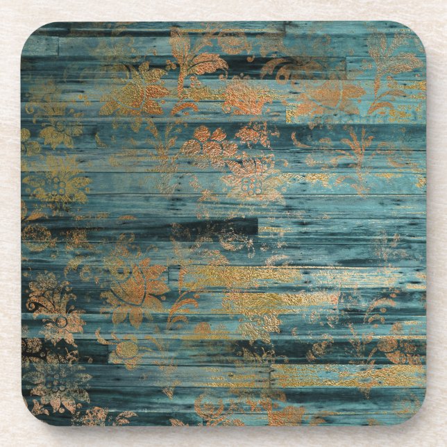 Dessous-de-verre Découpage en bois doré et bleu rustique (Devant)