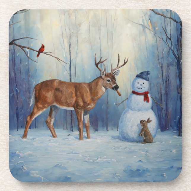Dessous-de-verre Deer et Happy Snowman hiver de vacances scène (Devant)