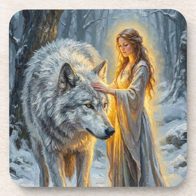 Dessous-de-verre Déesse de l'hiver & Loup Blanc (Devant)