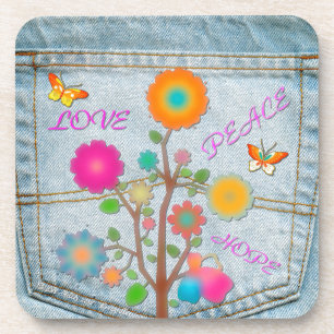 Dessous-de-verre Denim Back Fleurs de poche Paix Aimer Espoir