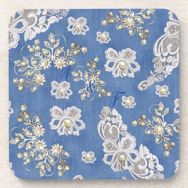 Dessous-de-verre Denim Texture Perles d'ivoire et dentelle (Devant)