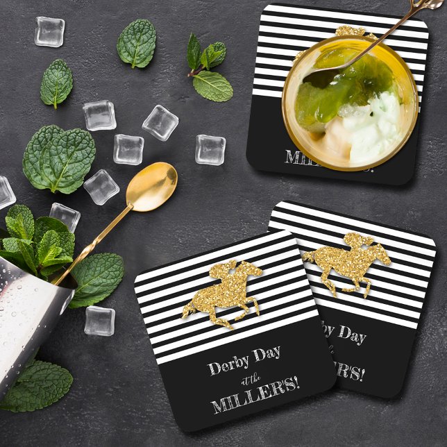 Dessous-de-verre Derby Gold Racehorse et Jockey sur Black Stripes (Derby gold racehorse and jockey on black and white stripes beverage coasters)