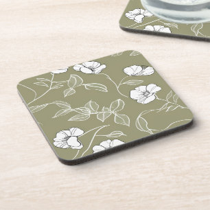 Dessous-de-verre Dessin à la ligne simple vert olive blanc