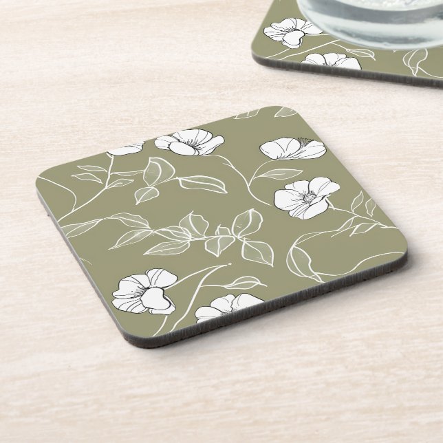 Dessous-de-verre Dessin à la ligne simple vert olive blanc (Côté gauche)
