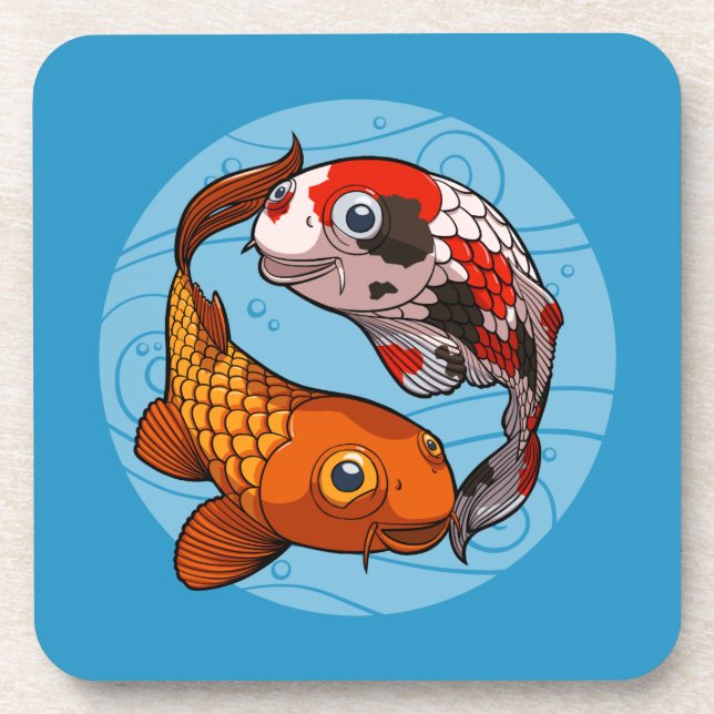 Dessous-de-verre Deux Koi Carp Friendly nager dans un dessin circul (Devant)