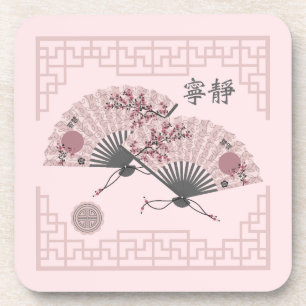 Dessous-de-verre Deux ventilateurs asiatiques fleuris rose "Serenit