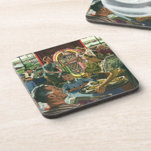 Dessous-de-verre Dîner vintage en famille à un dîner avec Jukebox