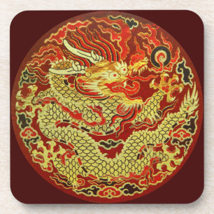 Dessous-de-verre Dragon asiatique doré brodé sur rouge foncé