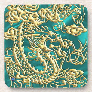 Dessous-de-verre Dragon d'or incorporé sur impression en satin Turq