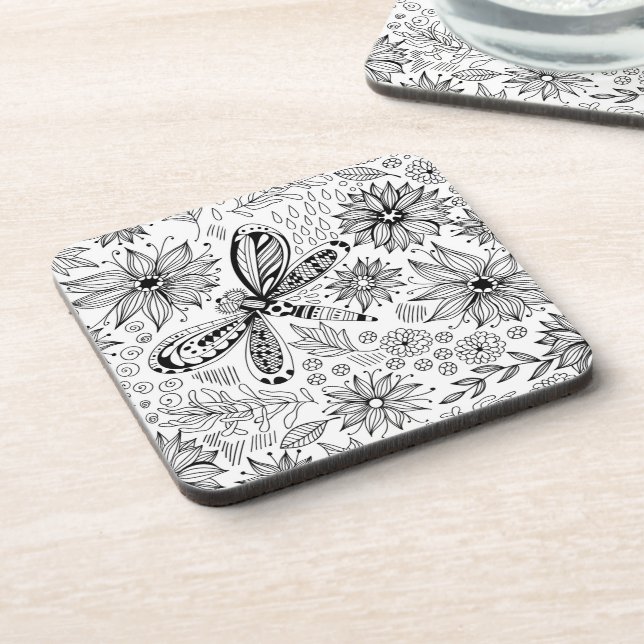 Dessous-de-verre Dragonfly et doodle de fleurs (Côté gauche)