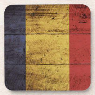 Dessous-de-verre Drapeau de la Roumanie sur le vieux grain en bois
