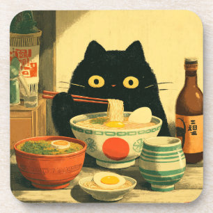 Dessous-de-verre Drôle chat noir manger Ramen