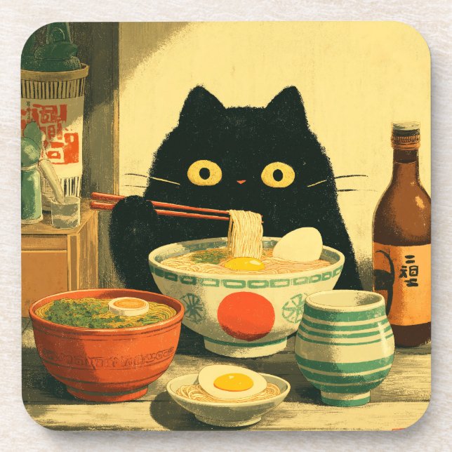 Dessous-de-verre Drôle chat noir manger Ramen (Devant)