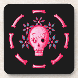 Dessous-de-verre Drôle Design de crâne - Crâne rose avec ver heureu