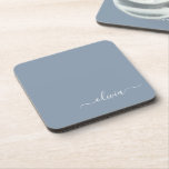 Dessous-de-verre Dusty Blue Modern Script Elegant Monogram Name<br><div class="desc">Dusty Blue Simple Script Monogram Name Paper Coasters. This makes the perfect graduation,  birthday,  wedding,  bridal shower,  anniversary,  baby shower or bachelorette party gift for someone that loves glam luxury and chic styles.</div>